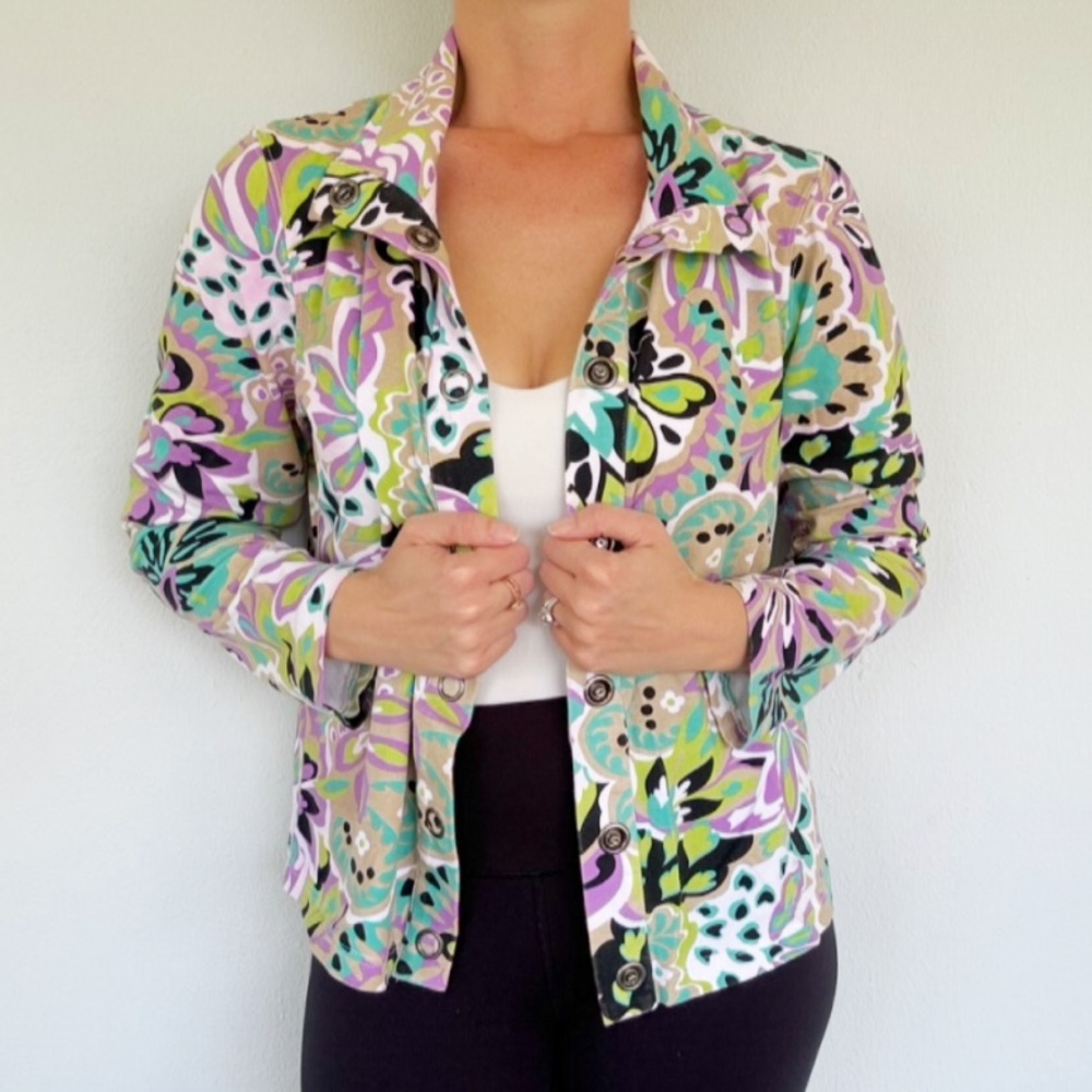 Vintage Sport Couture Petite colorful abstract floral knit snap track jacket